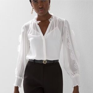 White House Black Market White Lace-Trim V-Neck Blouse
